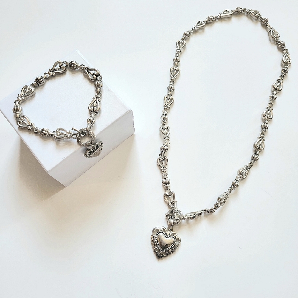 Vintage Silver Heart Necklace and Matching Bracelet